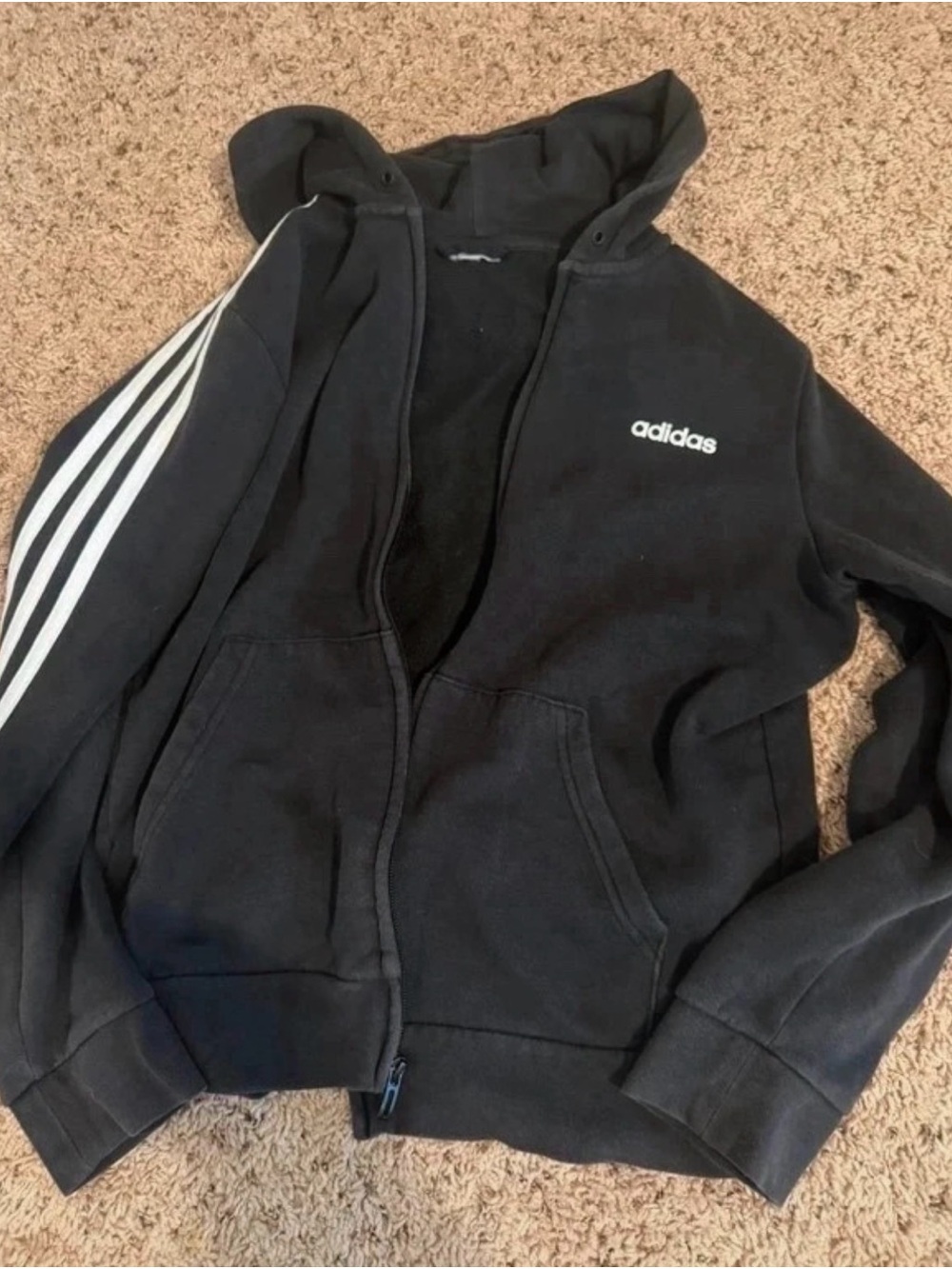 adidas Black Hooded Zip-Up Jacket with White Stripe Sleeves